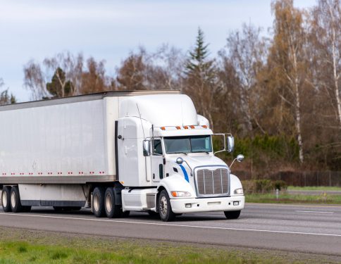 Long haul professional reliable freight transportation white American big rig semi truck transporting goods in dry van semi trailer running on straight highway road with trees on the side