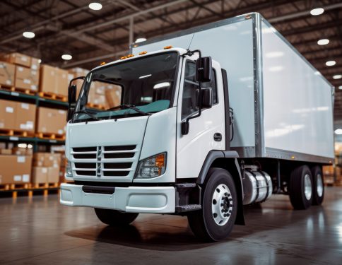 White truck in the warehouse with boxes. Inside of logistics warehouse, delivery truck loading with cardboard boxes. Truck Delivering Online Orders, Purchases, E-Commerce Goods, Wholesale Merchandise.AI generated